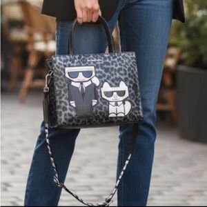Karl Lagerfeld Paris BLACK LEOPARD Logo CROSSBODY SATCHEL SHOULDER NEW AUTHENTIC